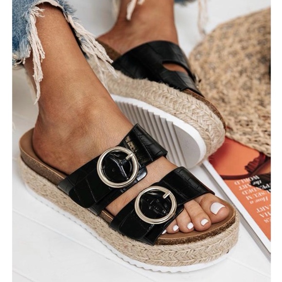 Adjustable Black Croc Double Buckle Espadrille - Picture 4 of 9